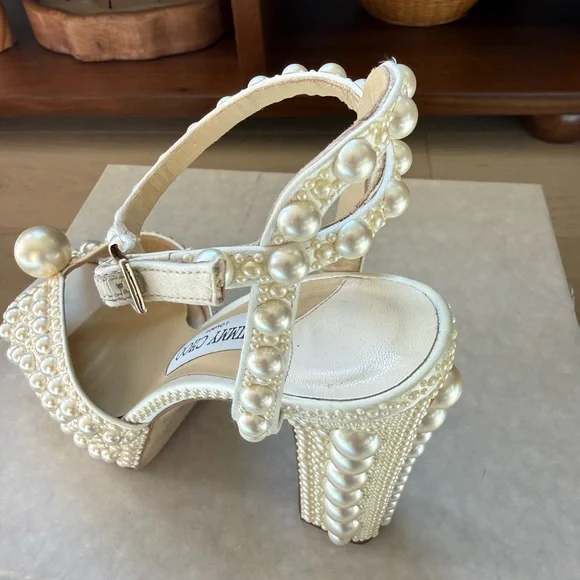 JIMMY CHOO White Satin Pearl Bridal SACARIA 120 Platform Heels 39/8, In Box, A++ - Picture 10 of 16
